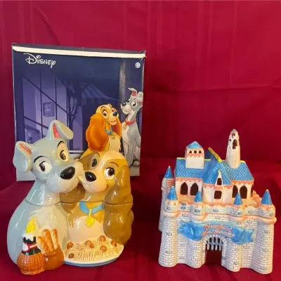 Vtg Disney Lady & The Tramp and Sleeping Beauty Castle Cookie Jar