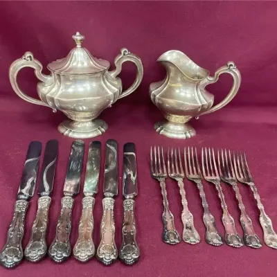 Sterling Sugar Bowl & Creamer with Flatware
