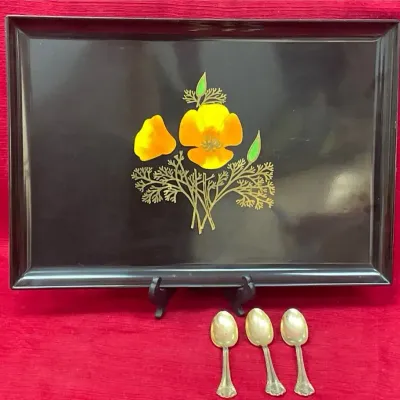 Vintage Couroc Floral Serving Tray, Bakelite, Mid-Century Modern, 1960 & The Plaza New York Spoons