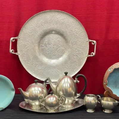 Mid-Century Modern Metawa Pewter Coffee/Tea Set & Teal Pottery