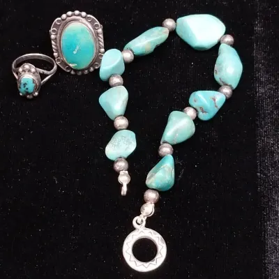 Sterling & Turquoise Bracelet & Rings Sizes 2.5 & 6.5