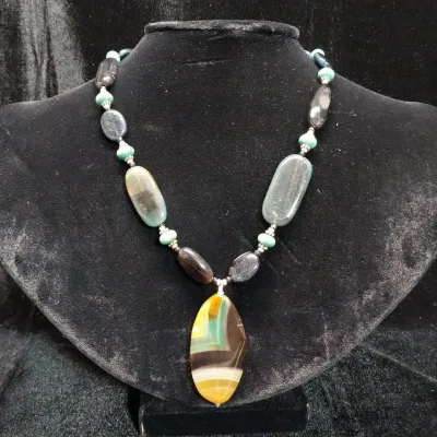 Green & Black Natural Stone With Banded Agate Pendant