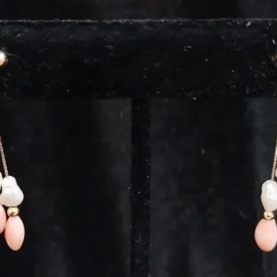 14k Coral & Pearl Drop Earrings 