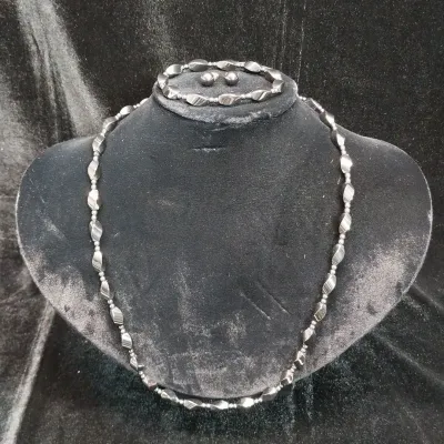 Hematite Bead Necklace & Bracelet Set With Ball Earrings