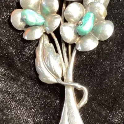 Sterling & Turquoise Flower Brooch