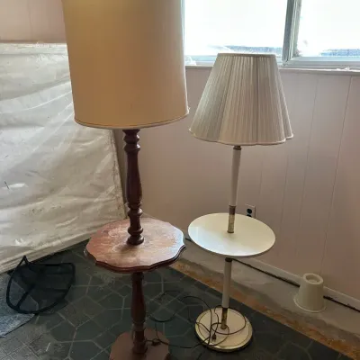 Floor Lamps- Vintage Wooden w/ Integrated Table + MCM White & Metal w/ Table 