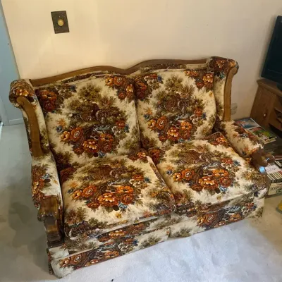 Vintage Rustic Wood and Upholstery Sofa, Clayton Marcus #1