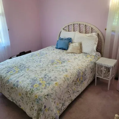 Full Size Bedframe with Wicker Headboard and Linens