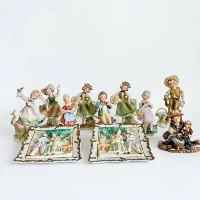 Vintage Porcelain Figurines, HOMCO Pair, Yesterday's Child and Occupied Japan Wall Plaques
