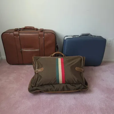 Vintage Luggage Lot, American Tourister Hard-Shell Suitcase, Vinyl Suitcase and Garment Bag
