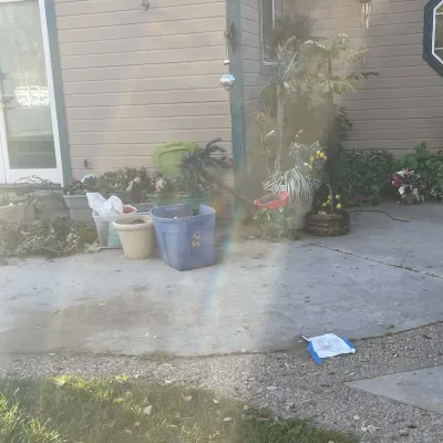 Sale Photo Thumbnail #51: Assorted patio items, plastic storage totes, planters, and artificial foliage arranged outdoors on a concrete driveway.