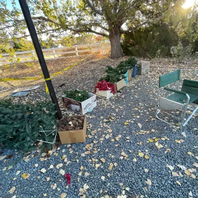 Sale Photo Thumbnail #40: Outdoor yard sale display featuring artificial Christmas greenery, pinecones in boxes, red tinsel garland, and a green folding director's chair.