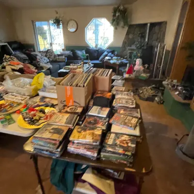 Sale Photo Thumbnail #66: A folding table displaying stacks of DVDs, books, and vinyl records stored in cardboard boxes in a living room setting.
