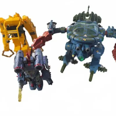 Sale Photo Thumbnail #23: Trio of vintage sci-fi mecha and robot action figures, including Exo-Squad plastic toys with detailed articulated limbs and weapon accessories.