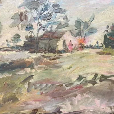Sale Photo Thumbnail #68: Impressionist oil painting on board depicting a rural landscape with a small house and trees, rendered with thick, expressive brushstrokes in muted tones.