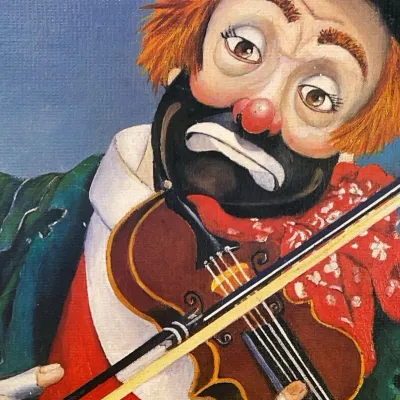 Sale Photo Thumbnail #76: Vintage oil painting on canvas depicting a sad hobo clown playing a violin, featuring rich colors and textured brushwork.