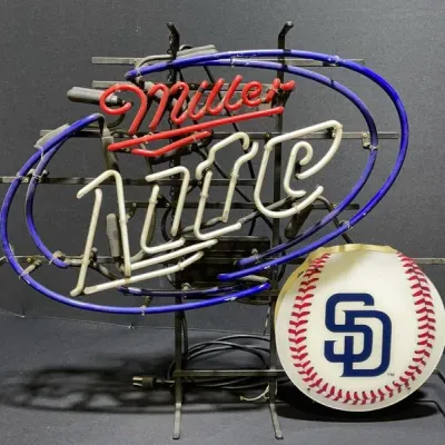 Sale Photo Thumbnail #10: Vintage Miller Lite neon beer bar sign featuring a San Diego Padres baseball graphic element.