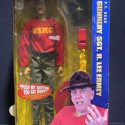 Sale Photo Thumbnail #50: Sideshow Collectibles 12-inch Motivational Sound Figure of Gunnery Sgt. R. Lee Ermey in original packaging showing minor wear.