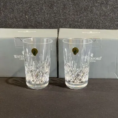 Sale Photo Thumbnail #86: Pair of Waterford cut crystal highball glasses in Lismore pattern, with original gold seahorse stickers and boxes.