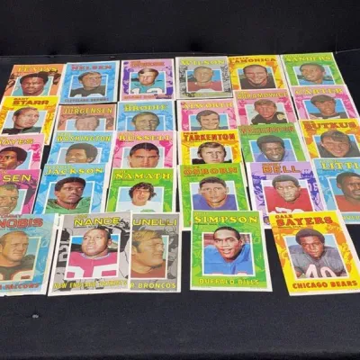 Sale Photo Thumbnail #64: Collection of vintage 1970 Topps football cards featuring stars like Joe Namath, O.J. Simpson, Dick Butkus, and Gale Sayers.