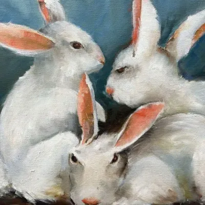 Sale Photo Thumbnail #44: Original oil painting on canvas depicting three white rabbits against a dark blue background.