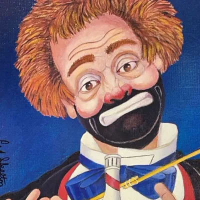 Sale Photo Thumbnail #66: Vintage oil portrait painting on canvas depicting Red Skelton as Freddie the Freeloader against a blue background.