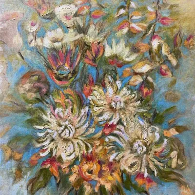 Sale Photo Thumbnail #39: Impressionist floral bouquet oil painting on canvas, featuring heavily textured impasto brushwork in pastel and vibrant tones, signed in the lower left.