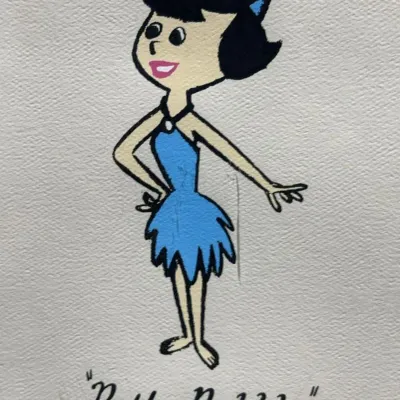Sale Photo Thumbnail #36: Hand-painted animation art or drawing featuring Betty Rubble from The Flintstones, labeled with her name at the bottom on textured paper.