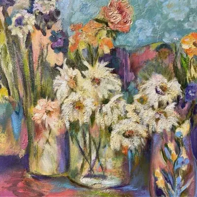 Sale Photo Thumbnail #48: Impressionistic floral still life oil painting on canvas, featuring heavily textured impasto technique and vibrant colorful blooms.