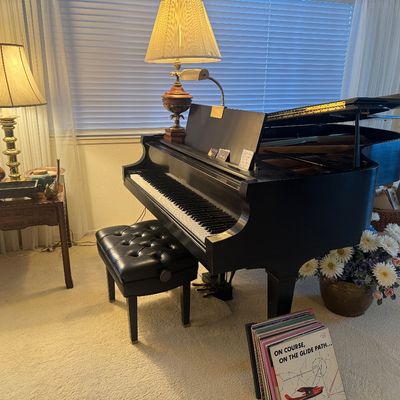 Sale Photo Thumbnail #2: Black baby grand piano paired with a tufted black leather bench, accompanied by traditional brass table lamps and a record collection rack.