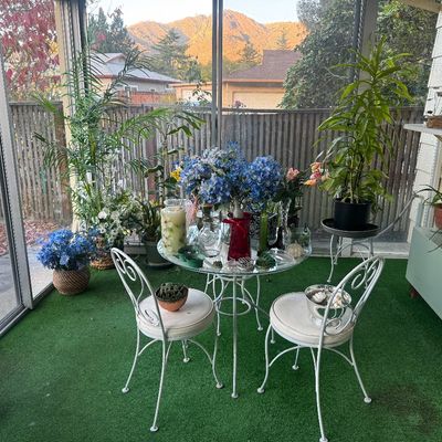 Sale Photo Thumbnail #99: White wrought iron patio bistro set with round glass-top table and two cushioned chairs, surrounded by various potted plants and glassware.