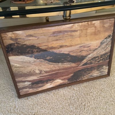 Sale Photo Thumbnail #19: Framed mid-century bark art depicting a mountain landscape, set in a simple dark wood frame.
