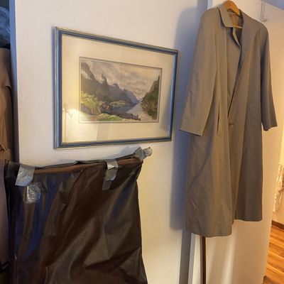 Sale Photo Thumbnail #66: Framed watercolor landscape art depicting mountains and a body of water, hanging next to a tan trench coat on a door hanger.