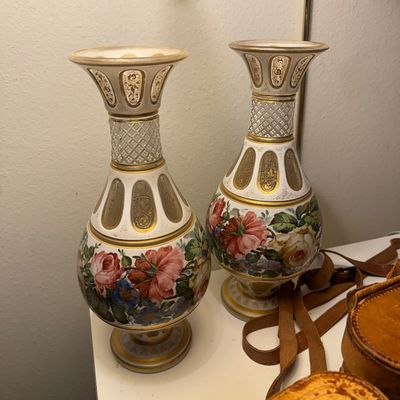 Sale Photo Thumbnail #69: Pair of vintage Bohemian cut-to-clear glass vases featuring hand-painted floral motifs and heavy gold gilded accents.