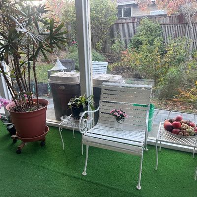 Sale Photo Thumbnail #98: White painted metal slatted patio armchair with matching side tables on a sunroom porch, flanked by various potted houseplants.