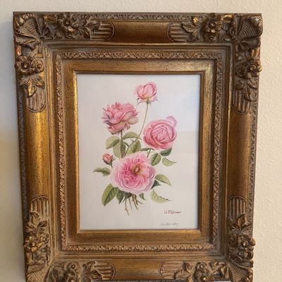 Sale Photo Thumbnail #3: Framed botanical floral print featuring pink roses, signed by W. Werner and set in an ornate carved giltwood frame.