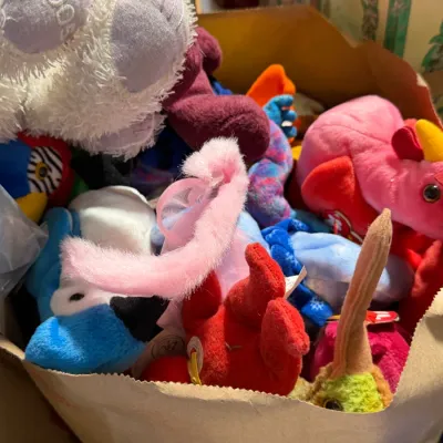 Sale Photo Thumbnail #5: Large paper bag filled with various plush toys and Ty Beanie Babies, including a 2005 commemorative bear and colorful animal plushies.