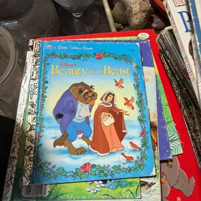 Sale Photo Thumbnail #21: Vintage stack of children's books featuring a 1990s Little Golden Book edition of Disney's Beauty and the Beast.