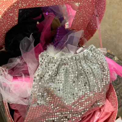 Sale Photo Thumbnail #18: Pink heart-patterned oval trunk filled with children's dress-up clothing and accessories, including a silver sequined skirt and pink tulle skirts.