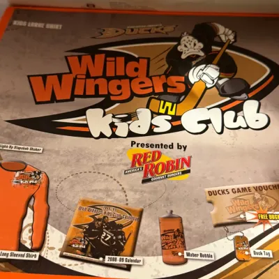 Sale Photo Thumbnail #10: Anaheim Ducks Wild Wingers Kids Club box kit, featuring 2008-09 calendar and promotional merchandise.