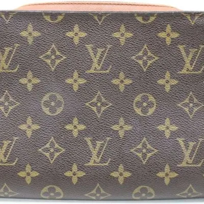 Sale Photo Thumbnail #15: Vintage Louis Vuitton Monogram canvas cosmetic pouch or small handbag, featuring gold-tone hardware and classic brown monogram print.