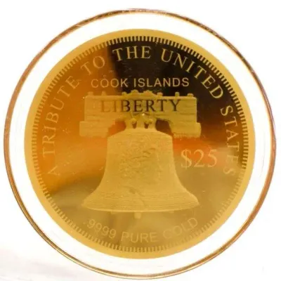 Sale Photo Thumbnail #7: Cook Islands $25 .9999 pure gold commemorative coin featuring the Liberty Bell, housed in a protective clear capsule.
