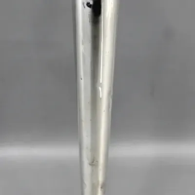 Sale Photo Thumbnail #12: Tall vintage silver-plated trumpet vase featuring a scalloped rim and a weighted round base.