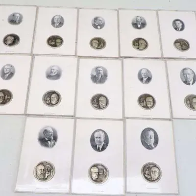 Sale Photo Thumbnail #24: Collection of 13 vintage US Presidents commemorative medal and print card sets, each housed in protective clear sleeves.