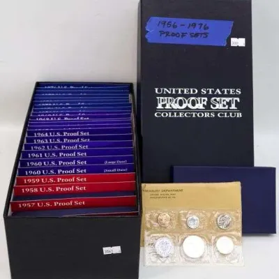 Sale Photo Thumbnail #17: United States Proof Set Collectors Club box filled with vintage US Mint proof sets spanning from 1956 to 1976.