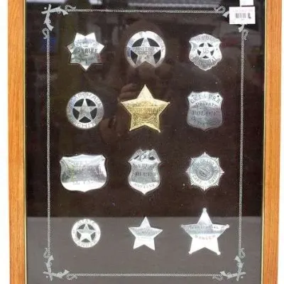 Sale Photo Thumbnail #10: Framed display case containing a collection of vintage law enforcement badges, including Sheriff, Marshall, and U.S. Deputy titles, set against a dark felt backing in an oak frame.