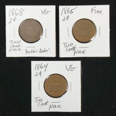 3 US Mint 2 Cent Coins 1864, 1865 & 1868 Scarce Type Coins
