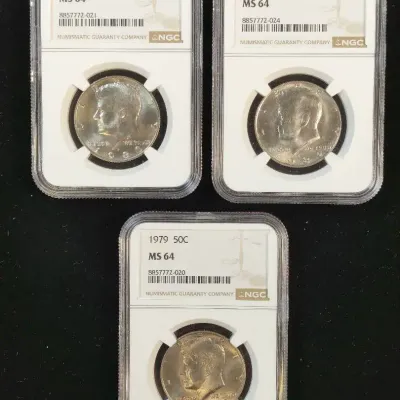 1979, 1980, 1982 Uncirculated Kennedy Half Dollars NGC MS-64