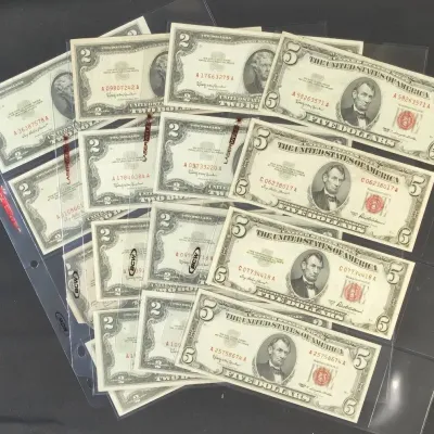 12 1928-1963 $2.00 Red Seal & 4 1953/1963 $5.00 Red Seal Notes