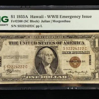 1935-A $1.00 Hawaii WWII Emergency Issue Silver Certificate, Rare & Better Serial Number, PMG VF-20